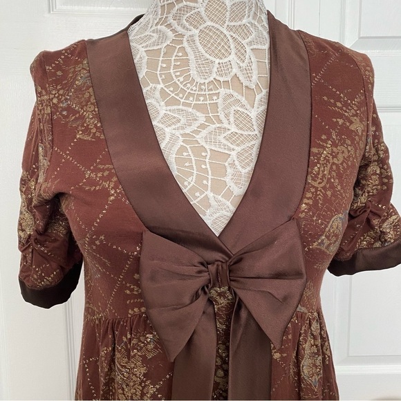 Chaudry KC Pattern Brown Metallic Gold Mini Dress Short Sleeve V-neck Bow Small - Picture 3 of 15